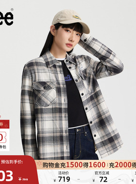 Lee商场同款25秋冬新品舒适版翻领格纹设计深灰色女长袖衬衫休闲