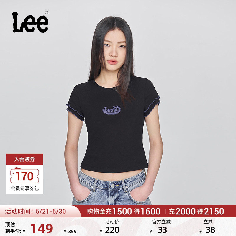 Lee修身版圆领刺绣Logo设计黑色女短袖T恤显瘦休闲潮LWT0