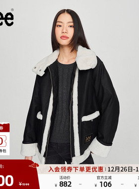 Lee舒适版仿羊羔毛饰边黑色女士棉服外套休闲潮流LWT008902206