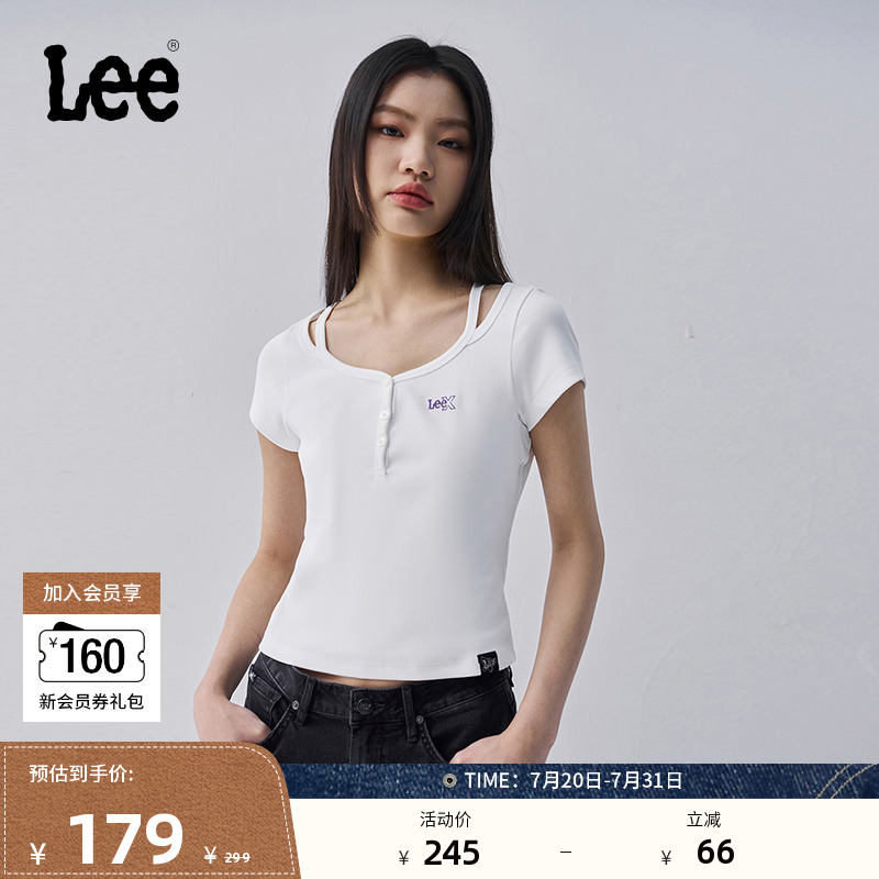 Lee25春夏新品修身版型圆领刺绣Logo女短袖T恤潮流LWT0