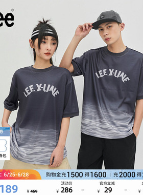 Lee舒适版网眼渐变海蓝色字母印花男女同款短袖T恤休闲潮流A06416