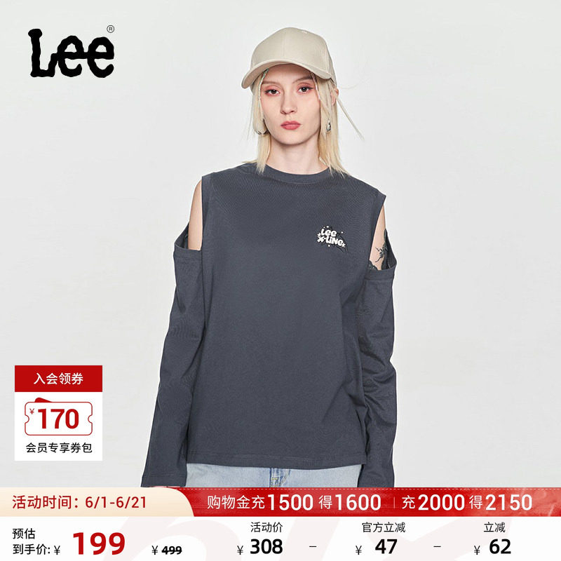Lee舒适版圆领露肩印花Logo插肩袖灰色女长袖T恤潮流LWT0082344LE