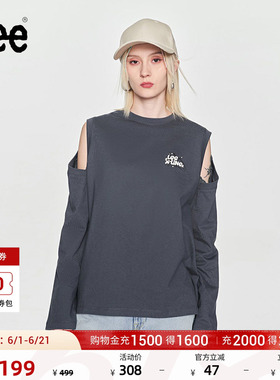 Lee舒适版圆领露肩印花Logo插肩袖灰色女长袖T恤潮流LWT0082344LE
