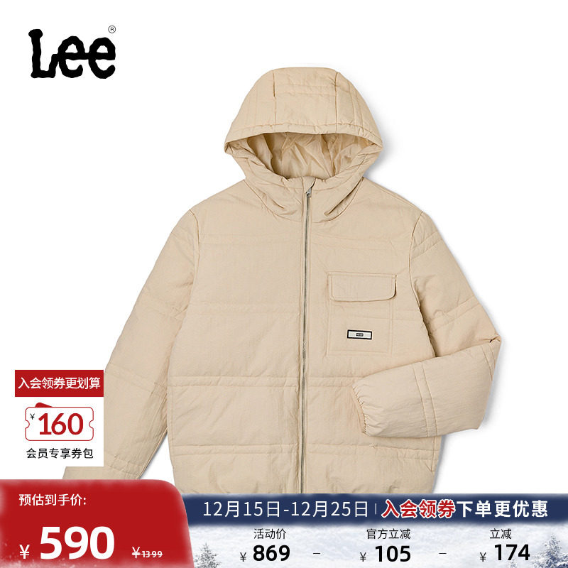 Lee商场同款标准版连帽小Logo织标男羽绒服外套潮流LMT0088617KH