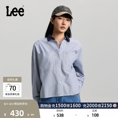 Lee26春夏新品经典宽松版翻领小Logo徽标女士长袖衬衫休闲潮流