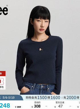 Lee26春夏新品修身版型圆领心形镂空设计藏青色女长袖T恤休闲显瘦