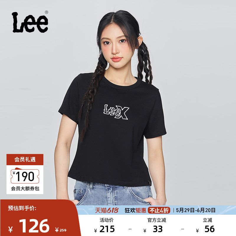 Lee25春夏新品舒适版圆领珍珠Logo印花黑色短款女短袖T恤休闲潮