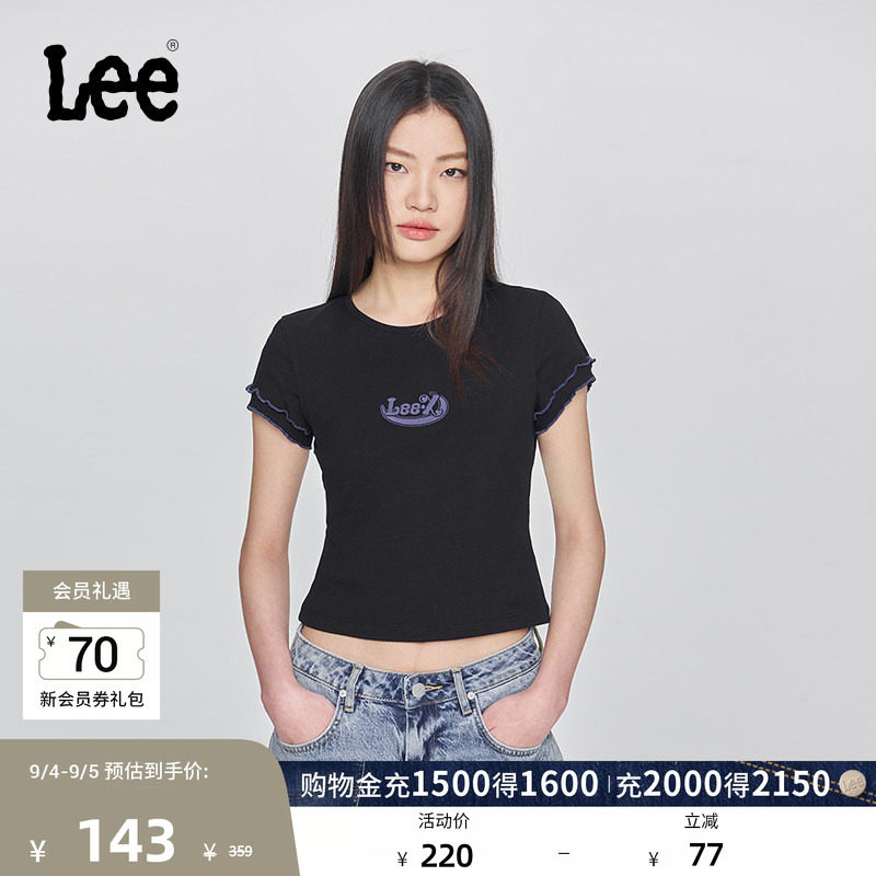 Lee修身版圆领刺绣Logo设计黑色女短袖T恤显瘦休闲潮LWT009880207图片