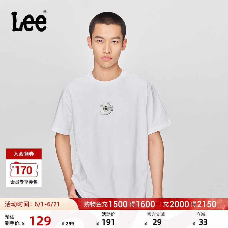 Lee舒适版经典圆领镭射光盘图案印花男短袖T恤休闲潮LMT0098444LE