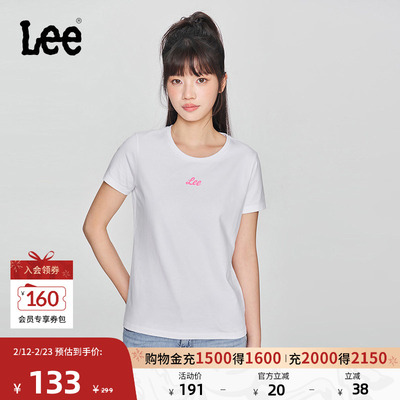 Lee商场同款25新品修身版圆领反光印花Logo白色女短袖T恤显瘦休闲