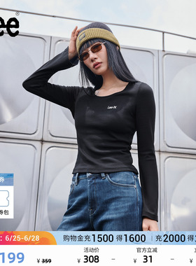 Lee修身版圆领刺绣Logo设计黑色女罗纹长袖T恤休闲潮LWT010876207