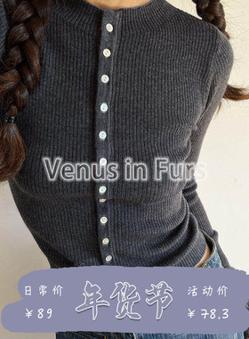 欧美复古简约时髦纯色柔软薄款修身半高领单排扣长袖针织开衫毛衣