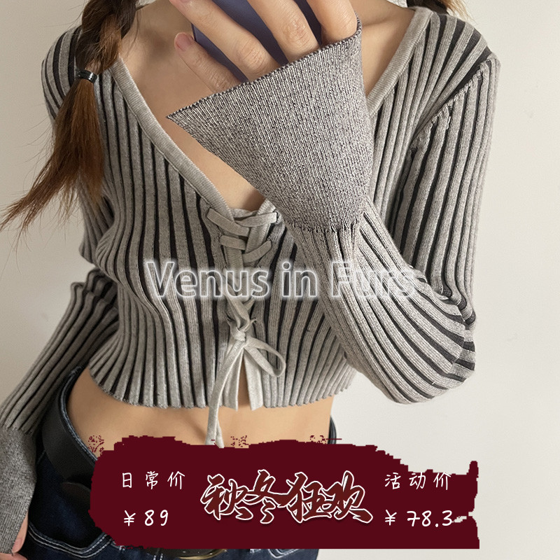 欧美风复古设计感坑条系带V领性感修身短款袖开叉长袖针织衫毛衣