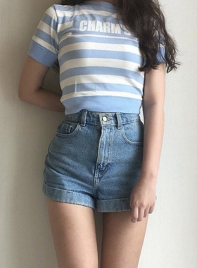 【包邮】欧美复古 经典款 高腰显腿长显瘦水洗翻边牛仔短裤热裤