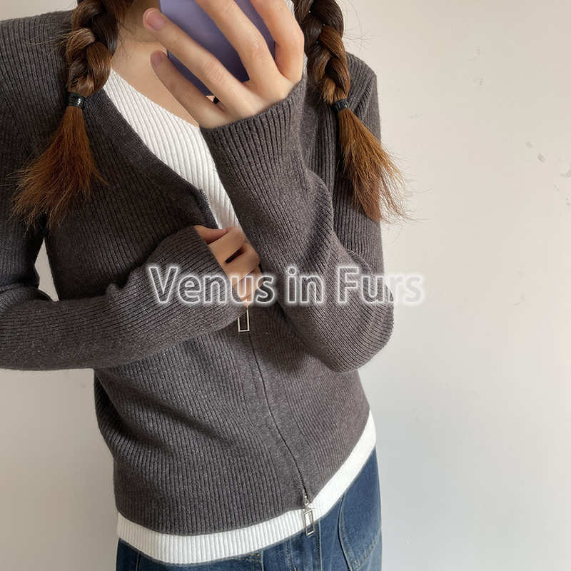 简约安迪绒拼色假两件拉链针织衫