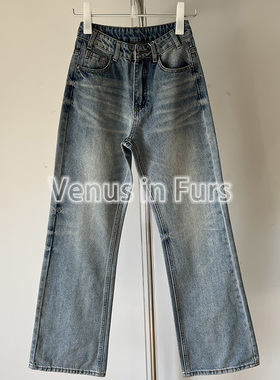 欧美风复古时髦水洗磨白浅蓝色舒适中低腰修身显腿长直筒牛仔长裤