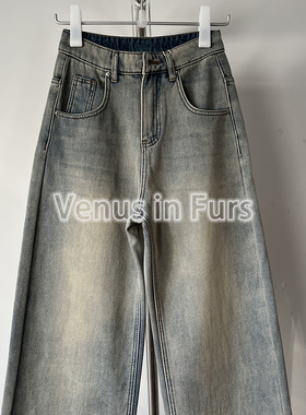 冬季欧美风复古浅蓝色水洗做旧加绒加厚舒适无弹宽松直筒牛仔长裤