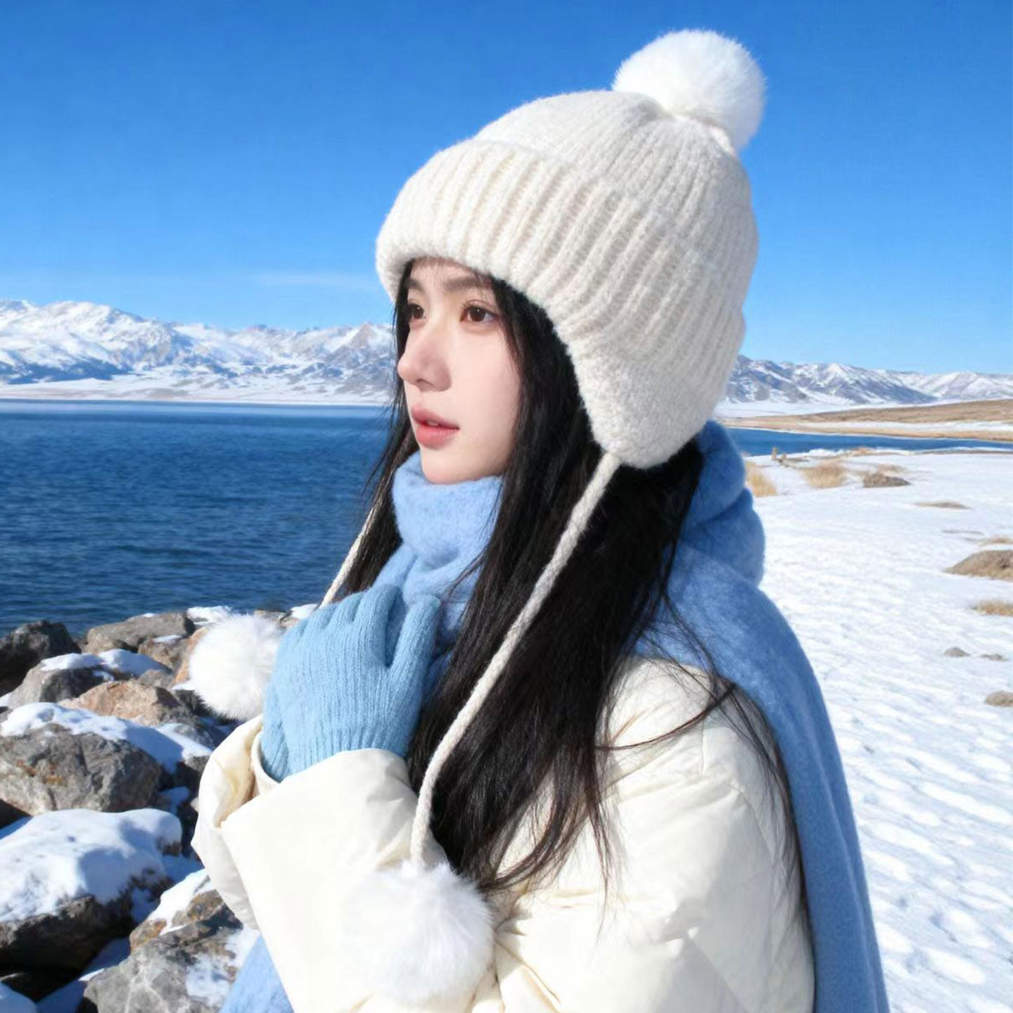 含羊毛针织帽子女秋冬季可爱毛球毛线帽显脸小护耳防寒保暖包头帽