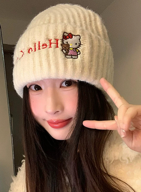HelloKitty凯蒂猫针织帽子女秋冬加厚保暖毛线帽可爱防风护耳冷帽