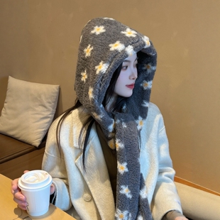 韩系花朵毛绒帽子围巾一体加厚保暖套头帽女冬季护耳防寒连帽围脖
