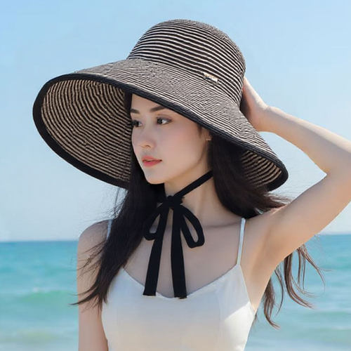 法式高级感条纹草编遮阳帽女夏季草帽海边度假风大帽檐防晒渔夫帽