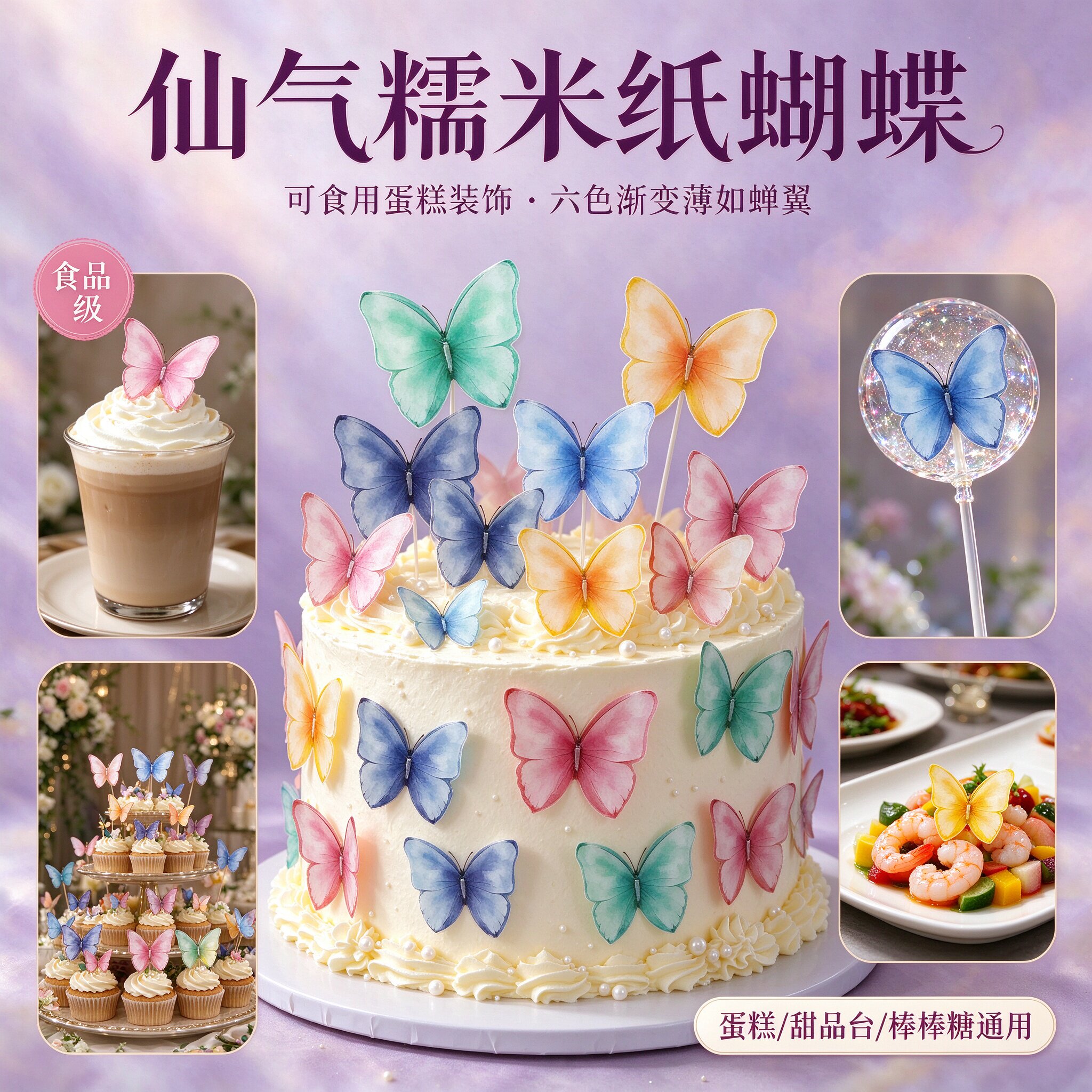 糯米纸蝴蝶可食用蛋糕甜品台装饰
