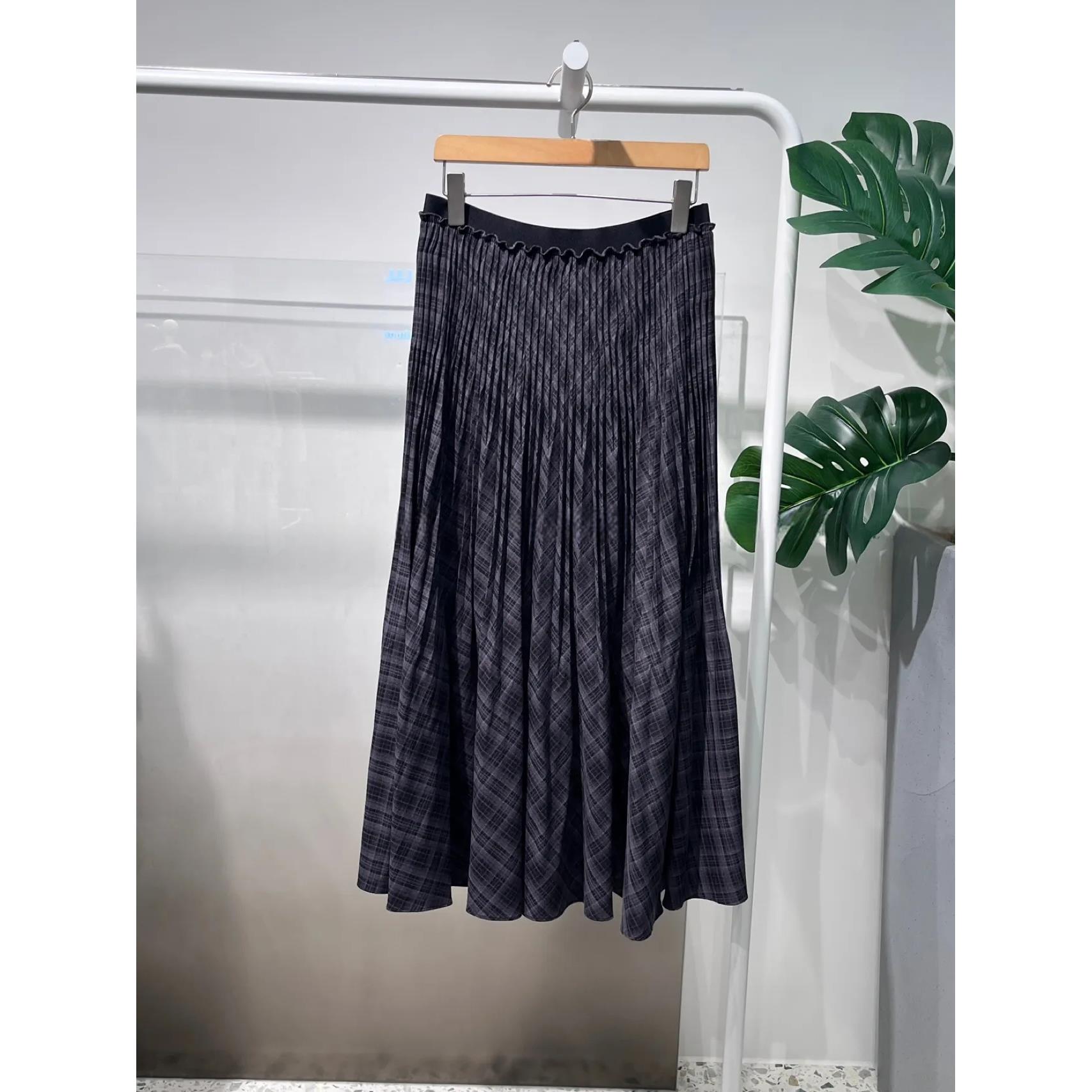 深灰中长款格纹百褶A字裙半身裙