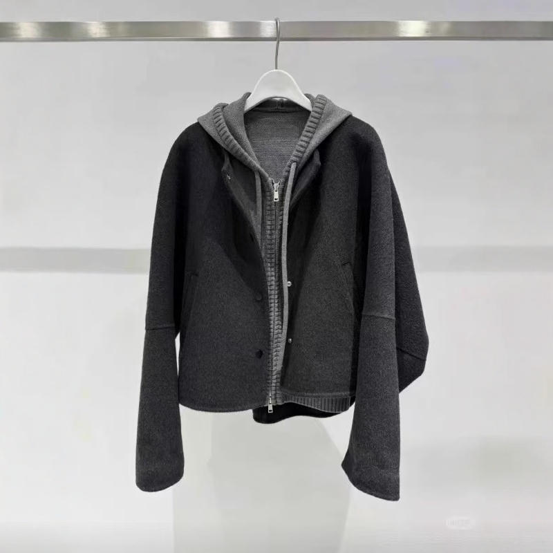 两件套连帽拉链大衣女短款深灰色