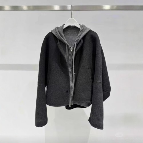 两件套连帽拉链大衣女短款深灰色