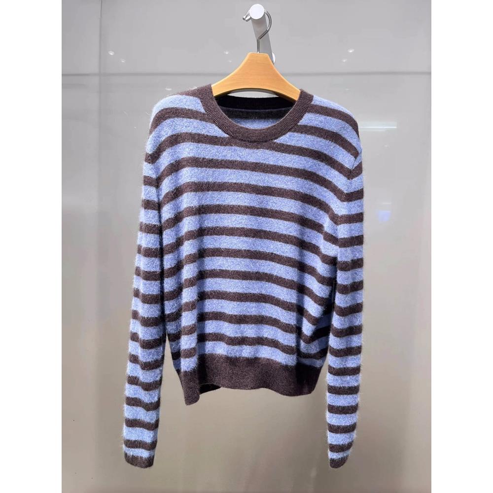 圆领条纹绵羊毛针织衫毛衣女上衣