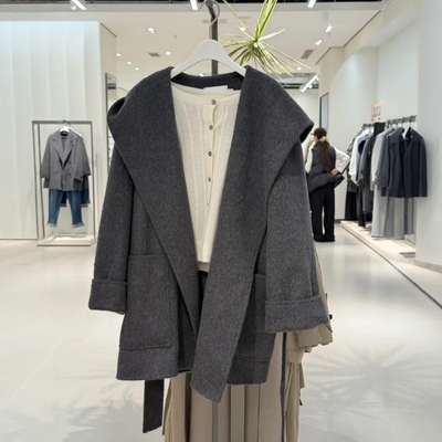 绵羊毛浴袍短款双面呢毛呢大衣女