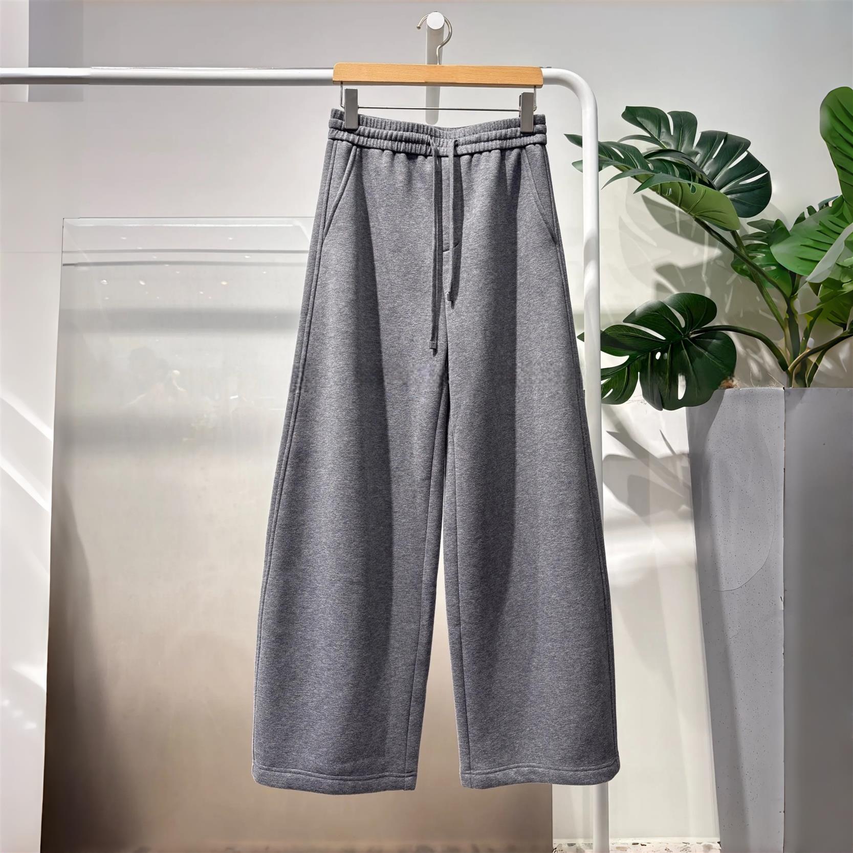 高腰直筒系绳灰色针织裤女长裤