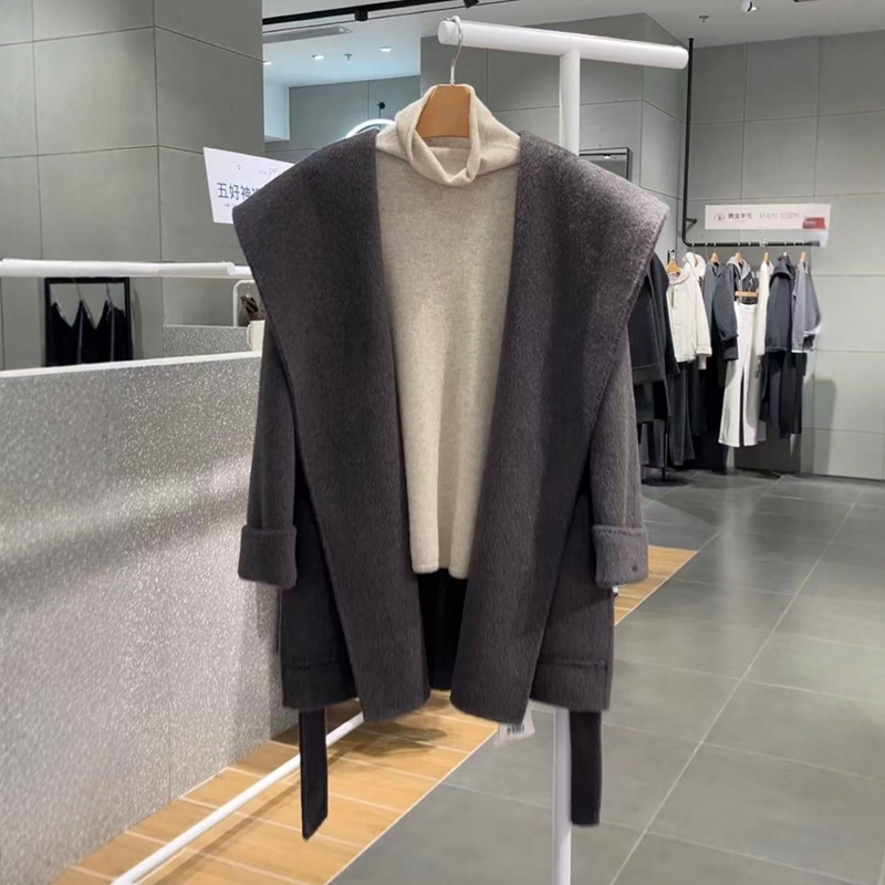 人生大衣连帽毛呢外套女中款腰带