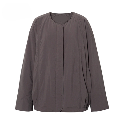 可咖棕圆领简约长袖棉服外套女