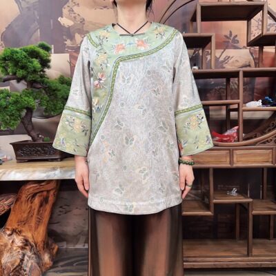 宋锦异色罗灰色花满青袖100桑蚕丝富婆衫