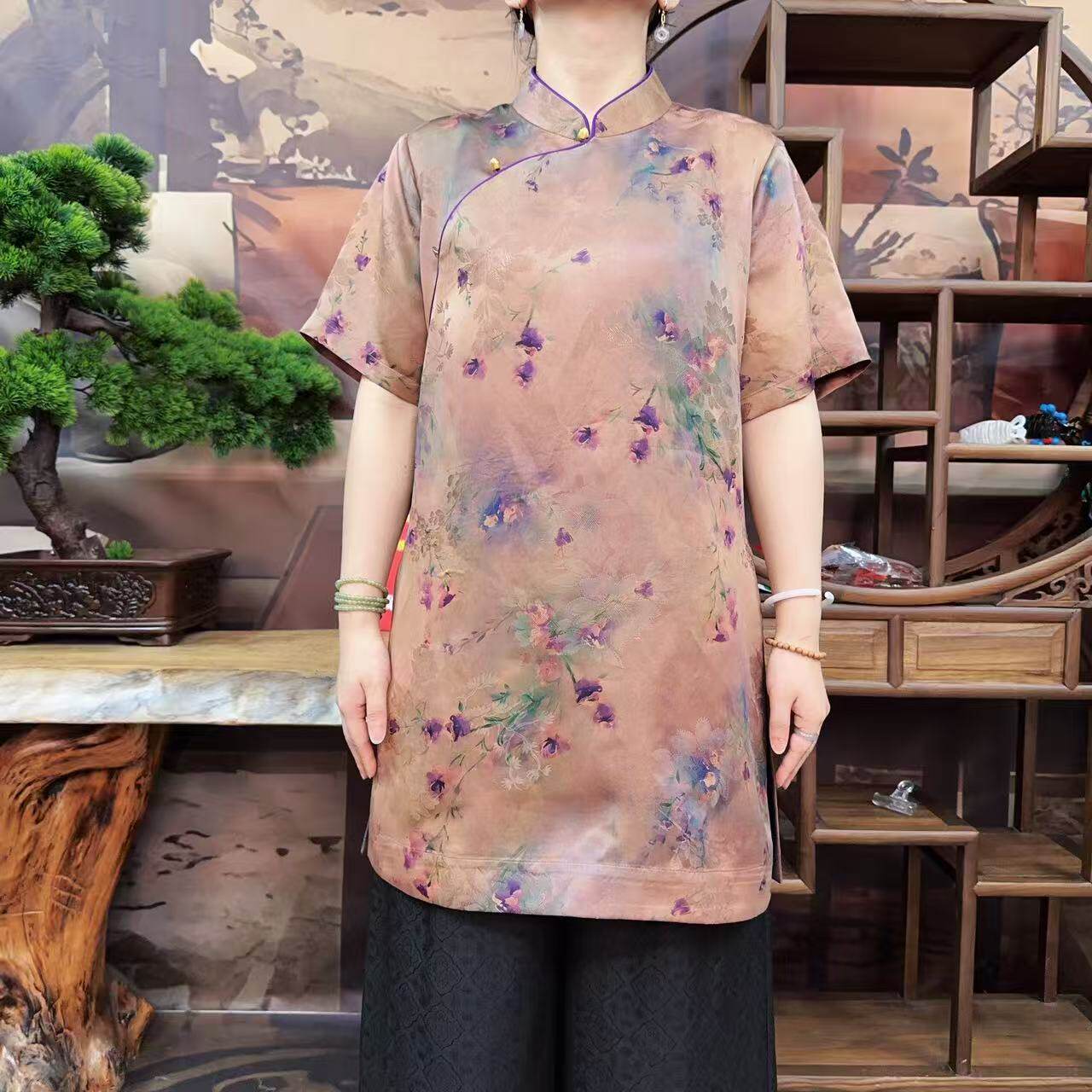 40姆米红云纱薰衣草紫玉兰花富婆衫100桑蚕丝