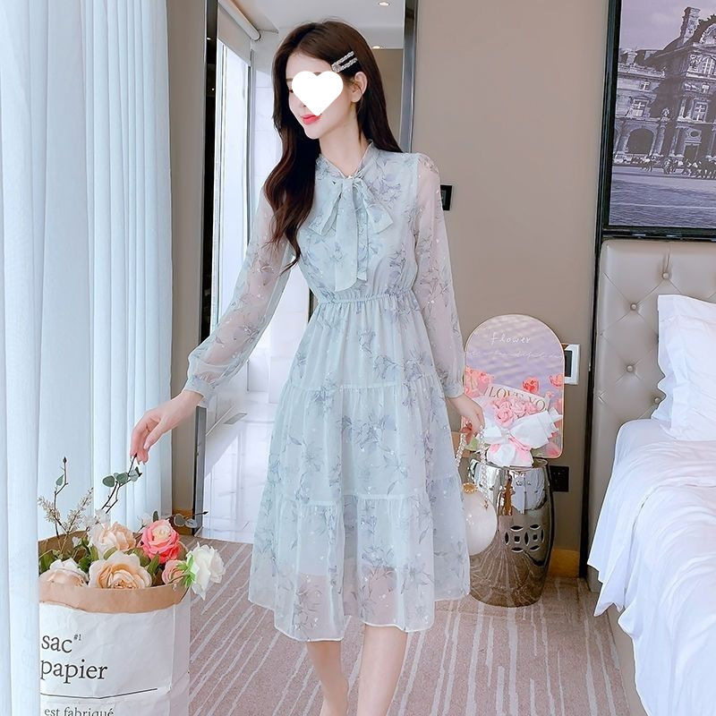 法式雪纺碎花春装长袖连衣裙2025新款系带收腰气质甜美显瘦女神裙