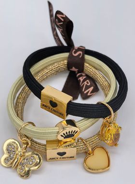 珍珠镶钻爱心系列挂坠头绳发圈手链两用黄色宝石蝴蝶套装清仓