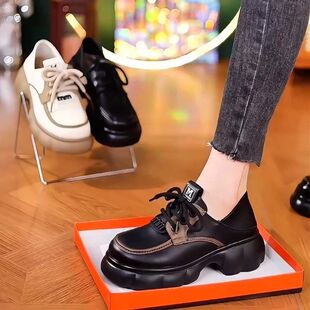 英伦百搭增高小皮鞋 高端2024真皮厚底松糕鞋 圆头单鞋 新款 女春季