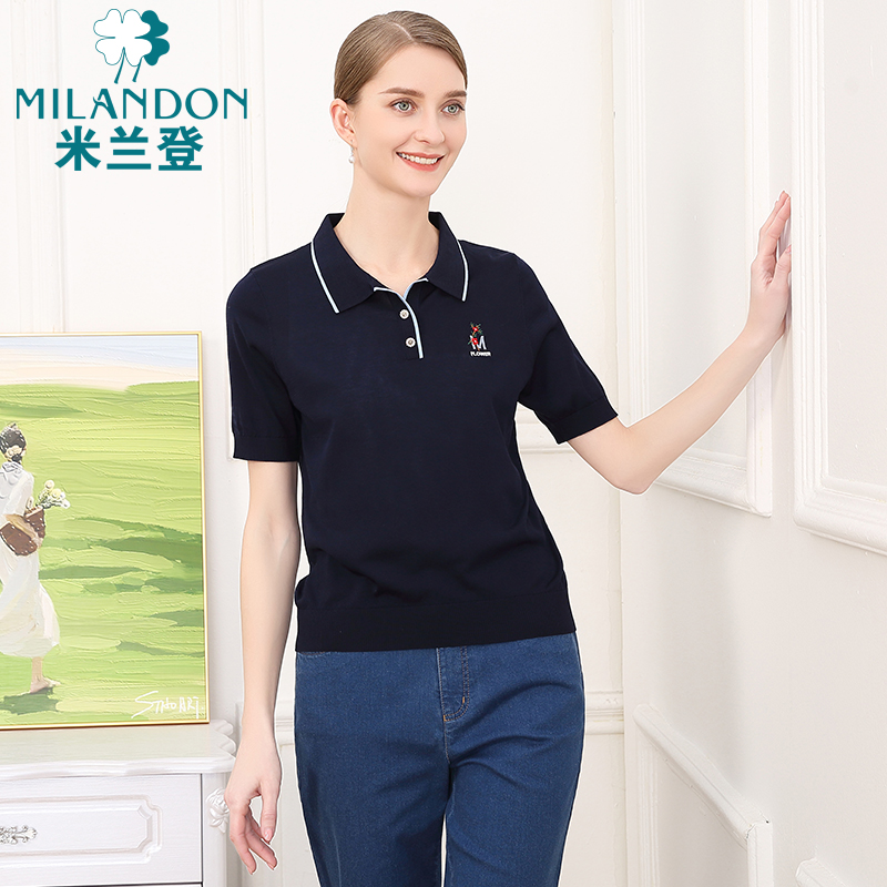 米兰登中老年妈妈的夏季新款时尚POLO领针织衫女短袖上衣休闲薄款