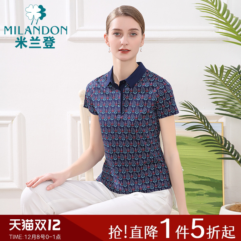 米兰登翻领印花丝光棉T恤女短袖