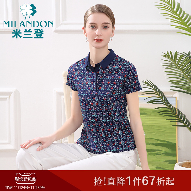 米兰登翻领印花丝光棉T恤女短袖