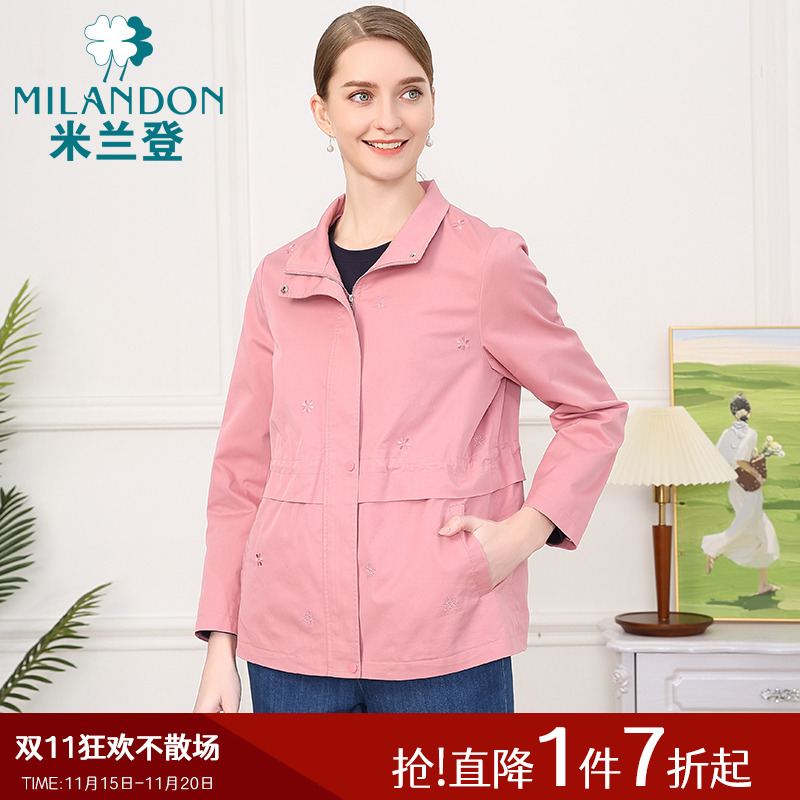 米兰登翻领休闲茄克绣花外套女