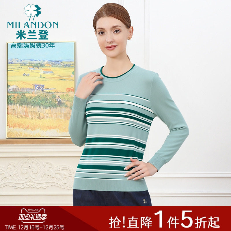 米兰登中老年妈妈装2025年秋季新款时尚条纹圆领针织衫女长袖毛衫