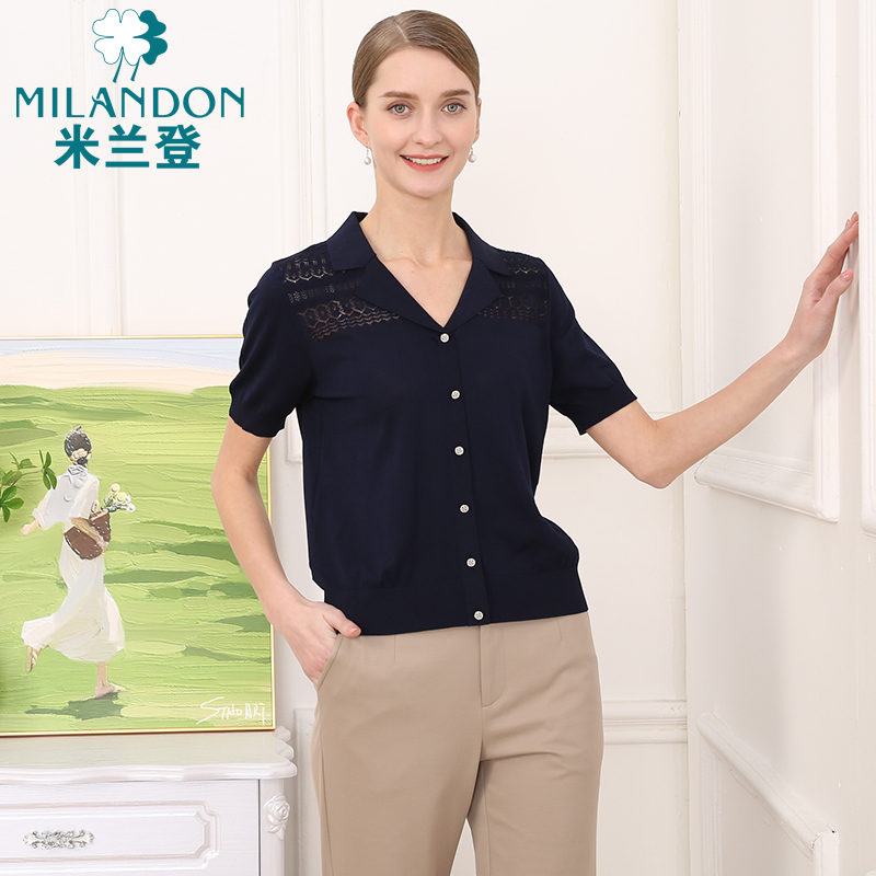 米兰登中老年妈妈装夏季新款翻领针织衫女薄款缕空短袖休闲上衣潮