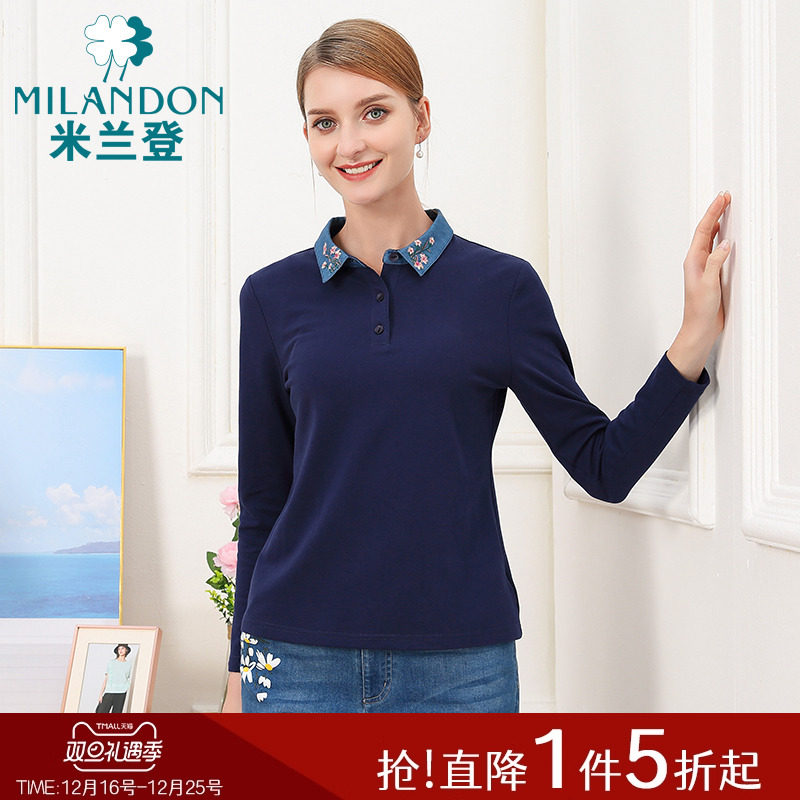 米兰登中老年妈妈装长袖T恤女春秋季新款休闲时尚翻领针织衫上衣