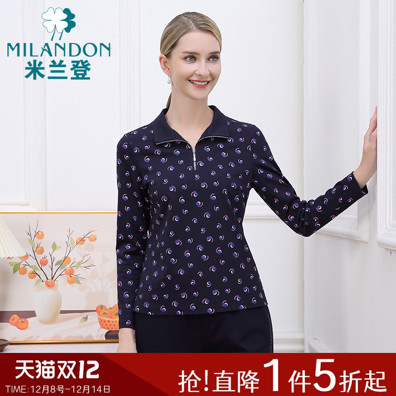 米兰登中老年妈妈装春秋季新款拉链翻领时尚印花T恤女长袖上衣潮