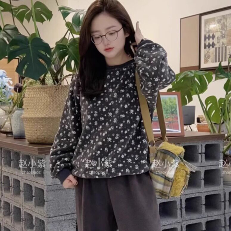 松紧带碎花爆款女家居服套装睡衣女款印花卫衣套装休闲加绒新款