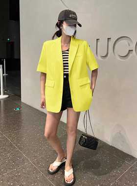 黄色炸街西装外套女短袖薄款小个子中长款小西服夏季宽松西服上衣