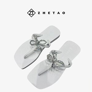 zhetao2024夏季新款夹脚拖鞋时尚平底亮钻蝴蝶结橡胶防滑沙滩拖鞋